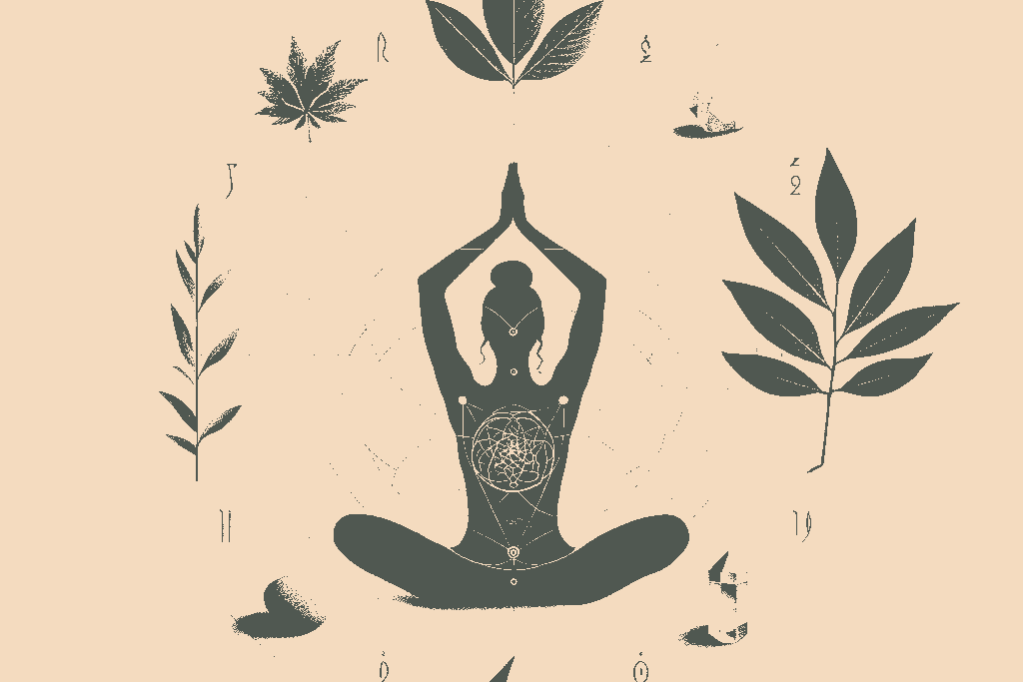 10 λόγοι για τους οποίους οι άνθρωποι στρέφονται σε εναλλακτικές θεραπείες a silhouette in a yoga pose, a herbal leaf, and a crystal, against a calm, neutral background