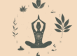 a silhouette in a yoga pose, a herbal leaf, and a crystal, against a calm, neutral background
