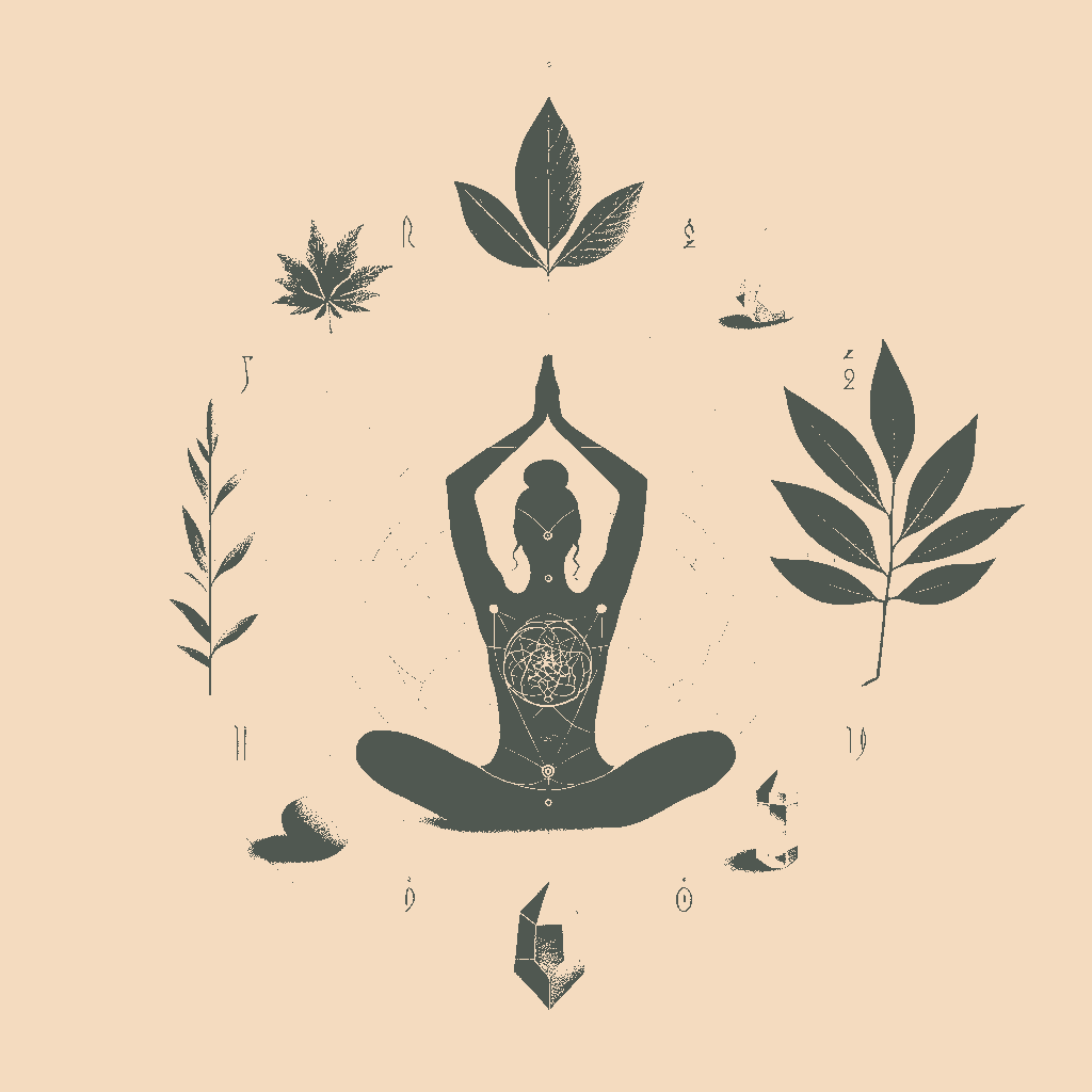 a silhouette in a yoga pose, a herbal leaf, and a crystal, against a calm, neutral background
