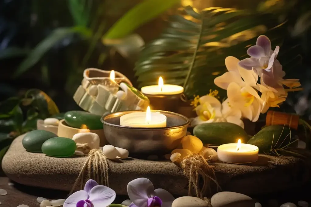 mid3 a tranquil and harmonious image representing the concept of reflexology as a preventative method against illness, without including people. Feature elements like a reflexology foot chart, essential oils, lit candles, and peaceful nature elements like stones and plants. The setting should be calm and soothing, with a soft lighting atmosphere