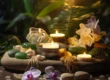 a tranquil and harmonious image representing the concept of reflexology as a preventative method against illness, without including people. Feature elements like a reflexology foot chart, essential oils, lit candles, and peaceful nature elements like stones and plants. The setting should be calm and soothing, with a soft lighting atmosphere