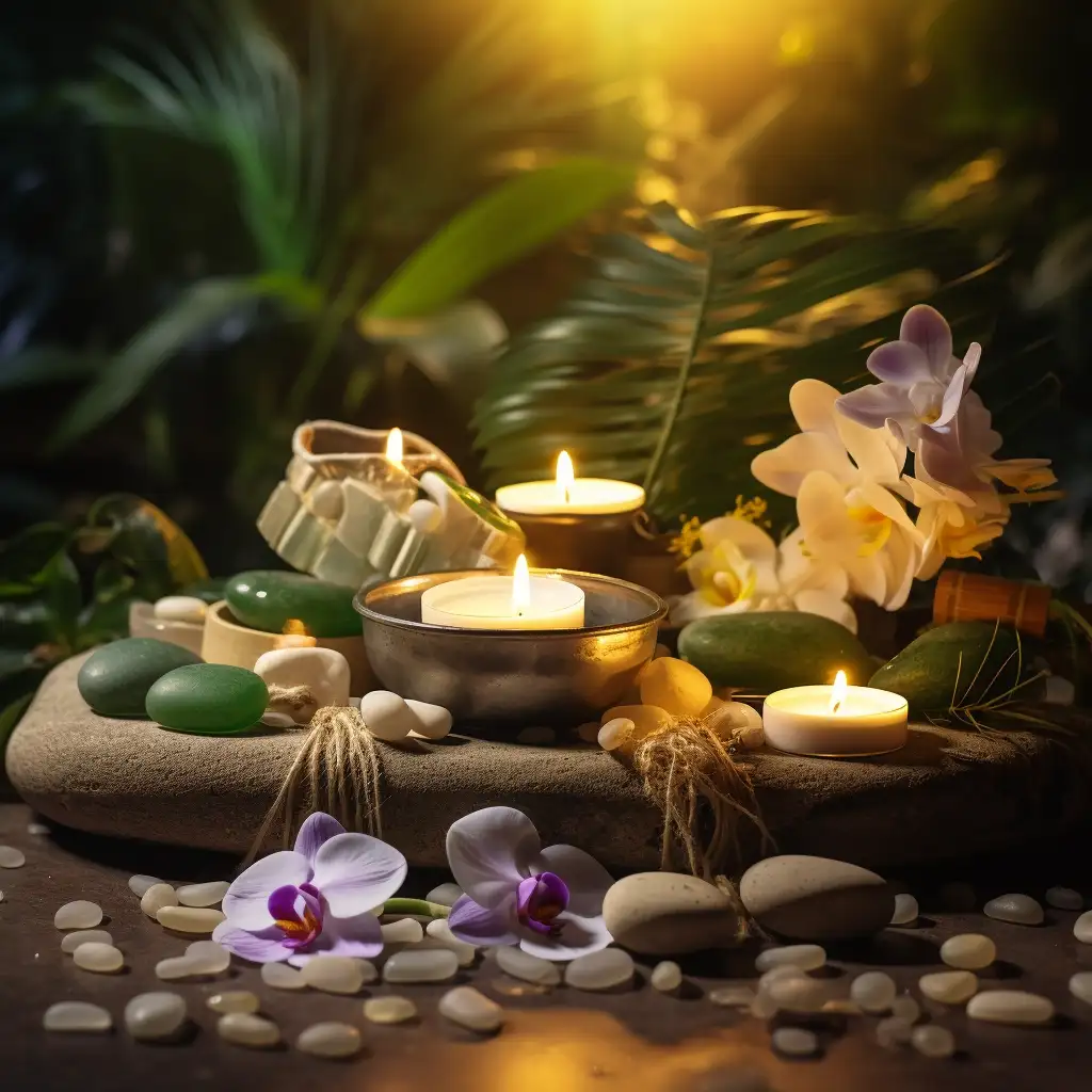 a tranquil and harmonious image representing the concept of reflexology as a preventative method against illness, without including people. Feature elements like a reflexology foot chart, essential oils, lit candles, and peaceful nature elements like stones and plants. The setting should be calm and soothing, with a soft lighting atmosphere